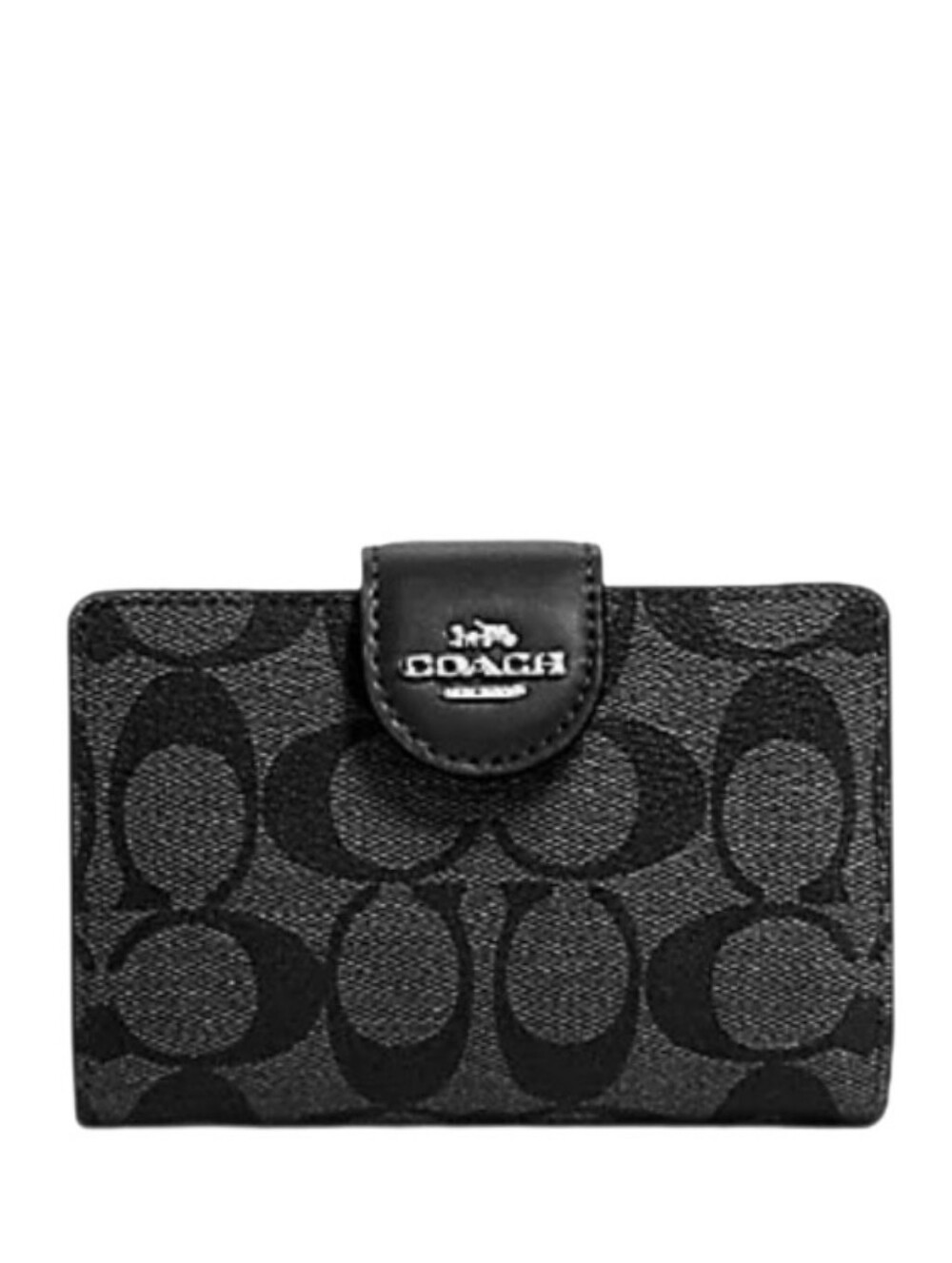 🆕 Coach Smoke Black Medium Corner Zip Signature Canvas Leather Card Wallet NWOT